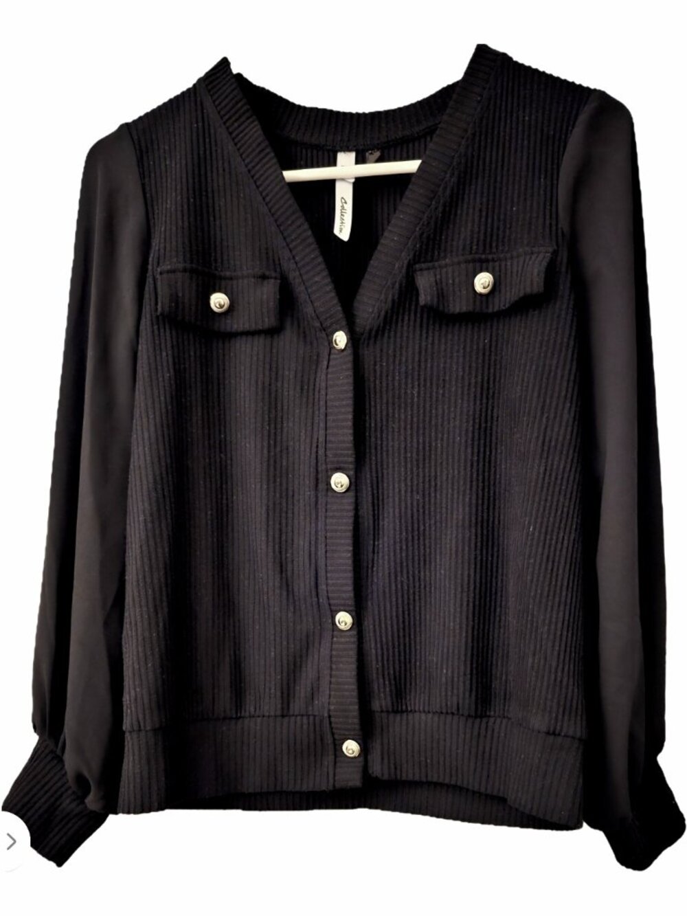 NY Collection Black Top Corduroy Sheer Sleeves Size Small